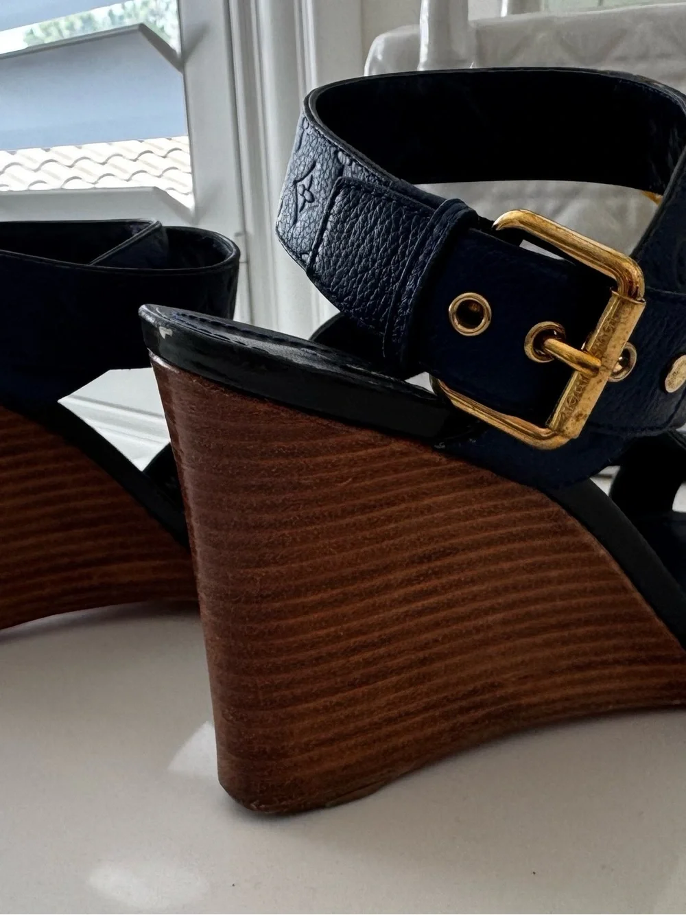 Louis Vuitton Navy Embossed Monogram Wedge Sandals